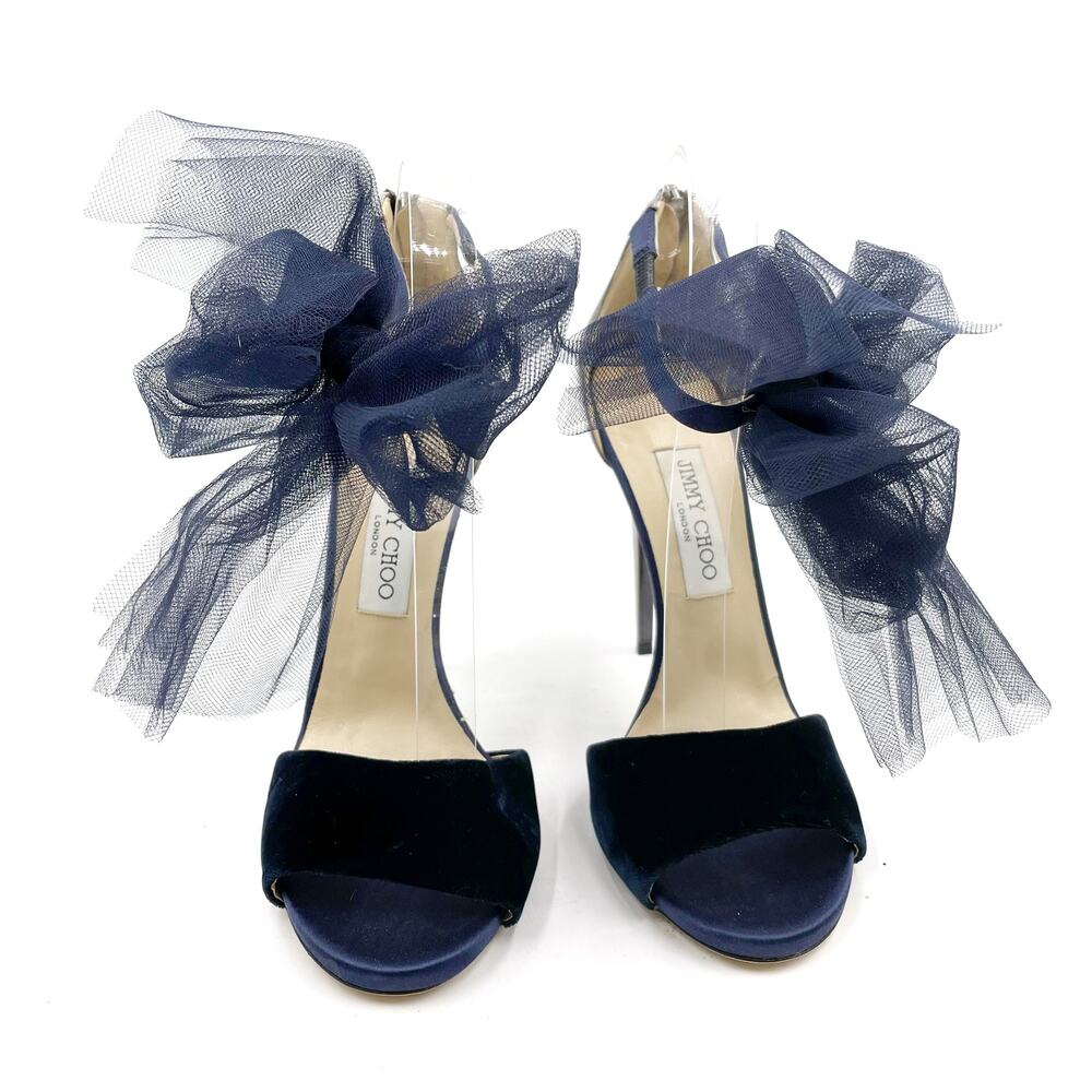 Jimmy Choo Navy Blue and Silver Tulle Ankle-Tie Stiletto Sandals - Picture 6 of 14